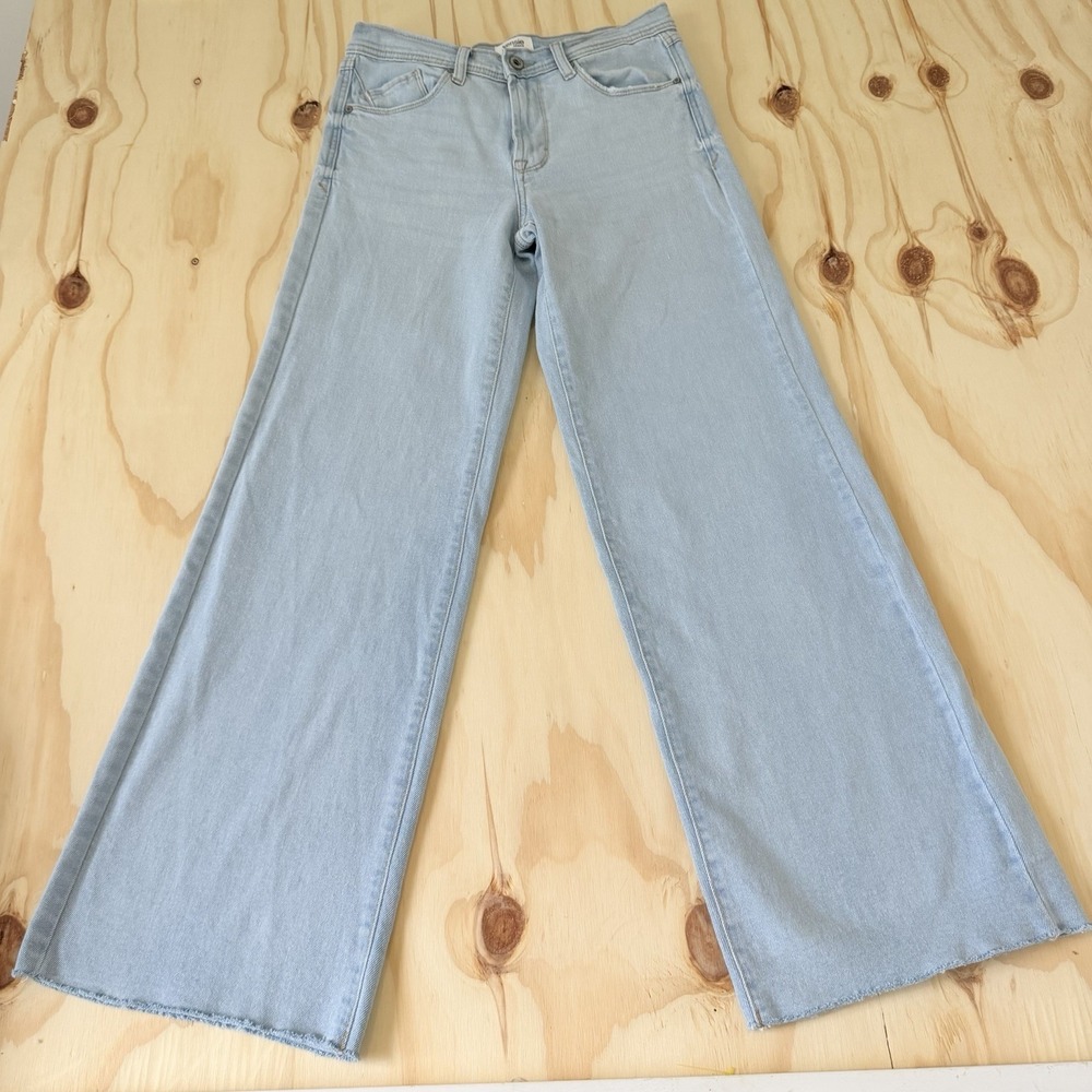 Kensie Kaya Wide Leg Jeans Womens 4/27 High Rise Light Wash Raw Hem Stretch